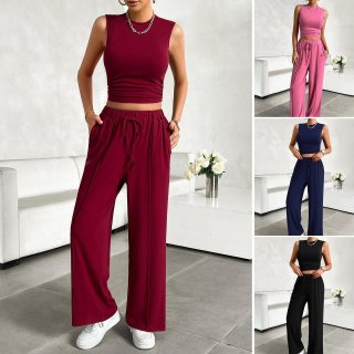 Women's 2 Piece Viscose Ribbed Knit Outfits Sleeveless Crewneck Tank Top And Drawstring Wide Leg Pants Casual Lounge Set