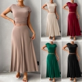 Women's Elegant Two-Piece Skirt Set Rib-Knit Short Sleeve Crop Top and High Waist Midi A-Line Skirt Set for Office Dating Summer Fashion