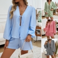Women's Two Piece Shorts Set Crinkled Polyester V-Neck Tie-Front Long Sleeve Puff Sleeve Top And High Waist Shorts Casual Vacation Leisure Streetwear For Women