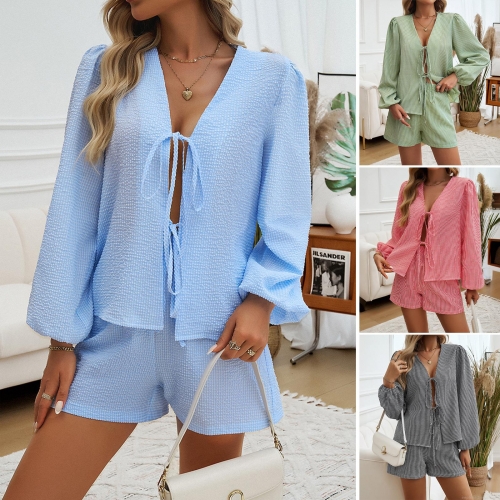 Women's Two Piece Shorts Set Crinkled Polyester V-Neck Tie-Front Long Sleeve Puff Sleeve Top And High Waist Shorts Casual Vacation Leisure Streetwear For Women