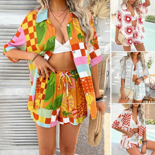 Bohemian Women's Two Piece Shorts Set Viscose Tencel Short Sleeve Button Down Shirt and Shorts Summer Vacation Floral Print Matching Outfits