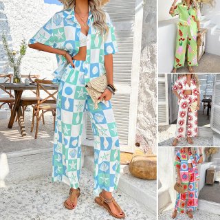 Women's Bohemian Resort Two Piece Set 30% Tencel 70% Rayon Printed Short Sleeve Shirt and Wide Leg Pants Summer Casual Beach Vacation Outfit
