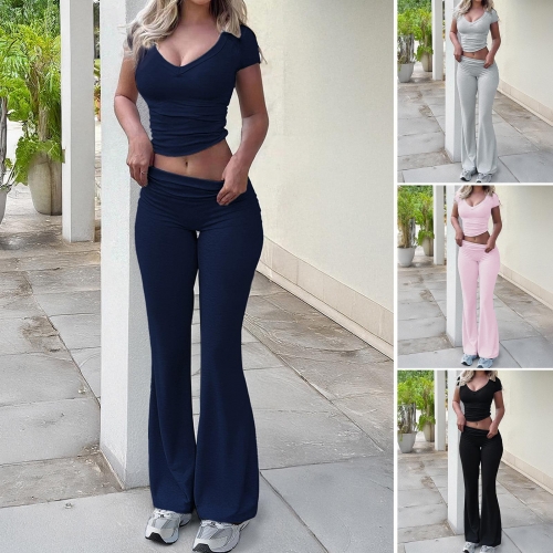 Women's 2 Piece Outfits Sets Viscose Spandex V Neck Short Sleeve Crop Top And High Waisted Flare Pants Ribbed Solid Color Casual Sporty Tracksuit Streetwear