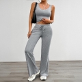 Women's 2 Piece Knit Outfits Sleeveless V Neck Button Vest And High Waisted Drawstring Flare Pants Set Ribbed Casual Lounge Tracksuit For Women