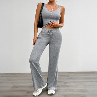 Women's 2 Piece Knit Outfits Sleeveless V Neck Button Vest And High Waisted Drawstring Flare Pants Set Ribbed Casual Lounge Tracksuit For Women