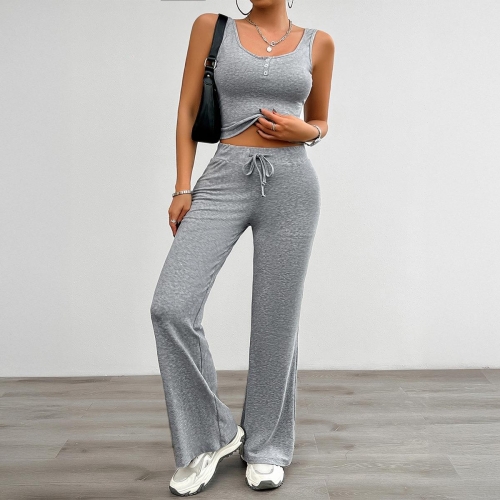 Women's 2 Piece Knit Outfits Sleeveless V Neck Button Vest And High Waisted Drawstring Flare Pants Set Ribbed Casual Lounge Tracksuit For Women