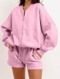 Women Casual Two Piece Tracksuit Set 100 Percent Polyester Long Sleeve Zipper Stand Collar Jacket And Drawstring Shorts Lounge Outfit For Women Pink