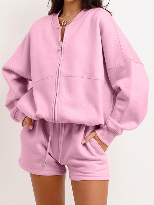 Women Casual Two Piece Tracksuit Set 100 Percent Polyester Long Sleeve Zipper Stand Collar Jacket And Drawstring Shorts Lounge Outfit For Women Pink