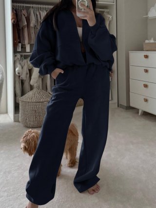 Women's Two-Piece Leisure Suit 100% Polyester Knitted Hooded Zipper Jacket And Wide Leg Pants Set Solid Color Casual Loungewear For Autumn Winter