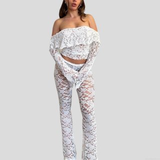 Women Sexy White Lace Two Piece Set Off Shoulder Long Sleeve Top and Flared Pants Hollow Out Perspective Floral Design Elegant Clubwear Party Outfit