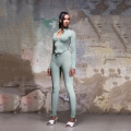 Women's 2 Piece Ribbed Outfits Sexy Long Sleeve Half Zip Up Crop Top and High Waist Skinny Slit Pants Sets Solid Color Streetwear Tracksuits