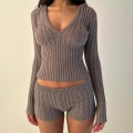 Women Sexy Cable Knit Two Piece Set Hooded Long Sleeve V Neck Crop Top And Shorts Matching Set Polyester Knitted Lounge Wear Tracksuit For Winter Autumn