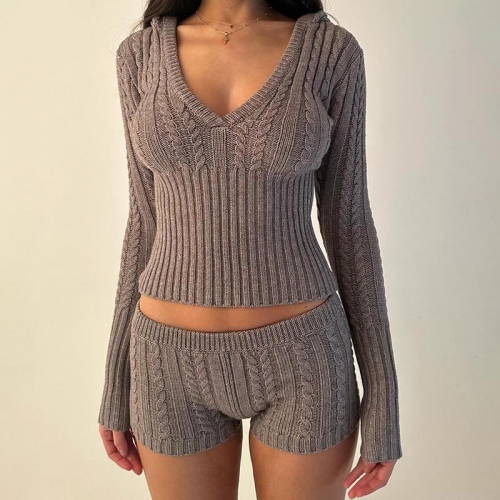 Women Sexy Cable Knit Two Piece Set Hooded Long Sleeve V Neck Crop Top And Shorts Matching Set Polyester Knitted Lounge Wear Tracksuit For Winter Autumn