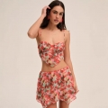 Women's Sexy Summer Holiday Two Piece Set Strawberry Cherry Print Mesh Camisole Crop Top and Ruffle Mini Skirt Suit For Beach Vacation Party Lady Outfits