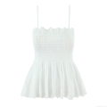 French Women Two Piece Skirt Set White Cotton Eyelet Embroidery Smocking Cami Top and Tiered Ruffle Mini Skirt Sexy Sweet Summer Vacation Beach Outfits for Women