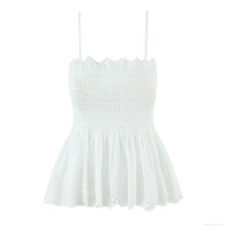 French Women Two Piece Skirt Set White Cotton Eyelet Embroidery Smocking Cami Top and Tiered Ruffle Mini Skirt Sexy Sweet Summer Vacation Beach Outfits for Women