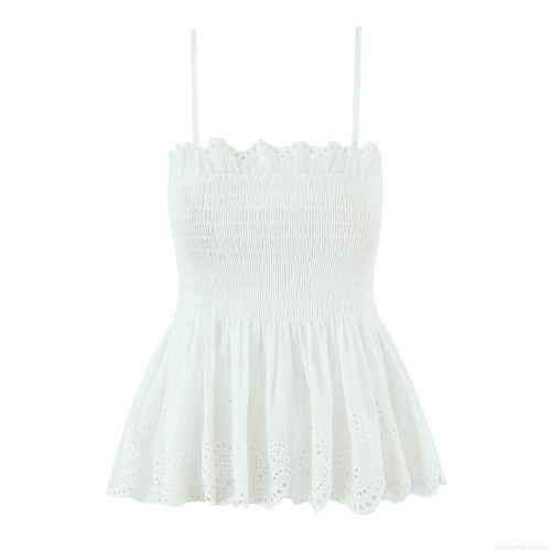 French Women Two Piece Skirt Set White Cotton Eyelet Embroidery Smocking Cami Top and Tiered Ruffle Mini Skirt Sexy Sweet Summer Vacation Beach Outfits for Women