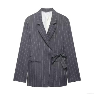 Women's Grey Striped Two Piece Suit Set 100% Polyester Tie Waist Blazer Jacket And High Waist Wide Leg Straight Pants For Office Professional Elegant Work Outfit