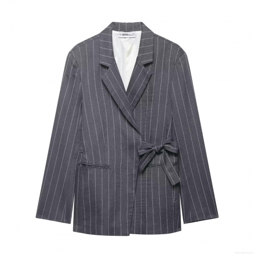 Women's Grey Striped Two Piece Suit Set 100% Polyester Tie Waist Blazer Jacket And High Waist Wide Leg Straight Pants For Office Professional Elegant Work Outfit