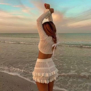 Women Sexy Two Piece Set Knit Crochet Hollow Out Long Sleeve Crop Top And Ruffle Hem Shorts For Beach Vacation Summer Solid Color Outfit