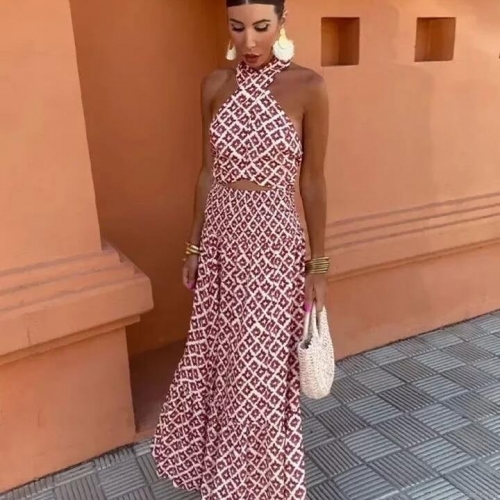 Women's Sexy Halter Backless Top And Maxi Skirt Set Bohemian Geometric Print Two-Piece Outfit For Summer Beach Vacation Party