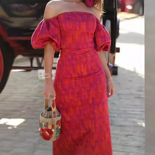 Women's Sexy Bohemian 2 Piece Skirt Set Polyester Off Shoulder Puff Sleeve Crop Top and High Waist Tie Dye Gradient Maxi Skirt Summer Vacation Beach Outfit