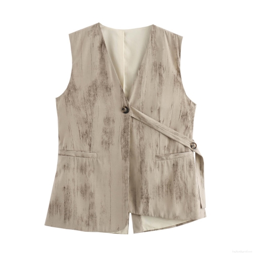 French Retro Women's Vest And Pants Two-Piece Set Sleeveless V-Neck Distressed Wood Grain Print Wide Leg Trousers Casual Suit For Women Khaki