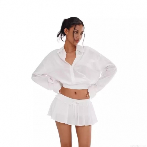 Women's Preppy Style Two-Piece Set Long Sleeve Lapel Shirt and Ruffle Tie Waist Pleated Mini Skirt Outfit Suit White Blue Striped School Daily Casual Wear