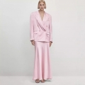 Women Elegant Satin Blazer And Long Skirt Two Piece Set Double Breasted Pink Jacket A-Line Maxi Skirt Office Commute Suit