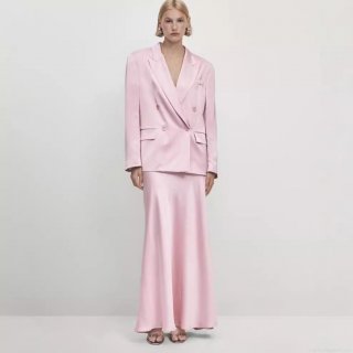 Women Elegant Satin Blazer And Long Skirt Two Piece Set Double Breasted Pink Jacket A-Line Maxi Skirt Office Commute Suit