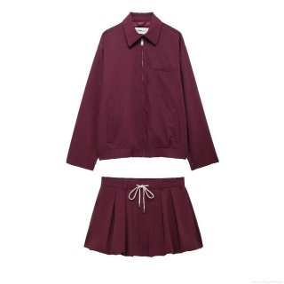 Women's Preppy Style 2-Piece Outfit Set Zipper Up Jacket Coat With Drawstring Pleated Shorts Skirt Suits 100% Polyester Solid Color Casual Outfits For Women