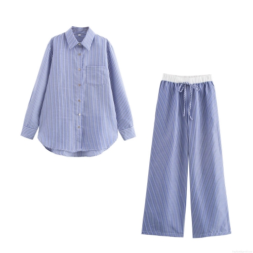 Women's Casual Striped 2 Piece Set Long Sleeve Button Down Shirt And Drawstring Wide Leg Pants Loungewear Outfit For Women Comfortable Home Wear Travel Set