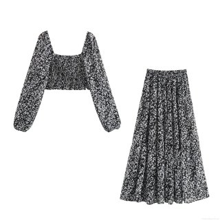 Women's 2 Piece Chiffon Skirt Set Floral Print Smocked Square Neck Cropped Top And High Waist Long A-Line Skirt Boho Vintage Long Sleeve Outfit