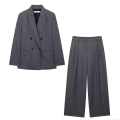 Women's Professional Grey Suit Set Double Breasted Padded Shoulder Blazer Wide Leg Pants 2 Piece Office Lady Commuter Outfit Autumn Winter Fashion Elegant Woven Polyester Set