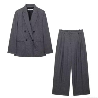 Women's Professional Grey Suit Set Double Breasted Padded Shoulder Blazer Wide Leg Pants 2 Piece Office Lady Commuter Outfit Autumn Winter Fashion Elegant Woven Polyester Set