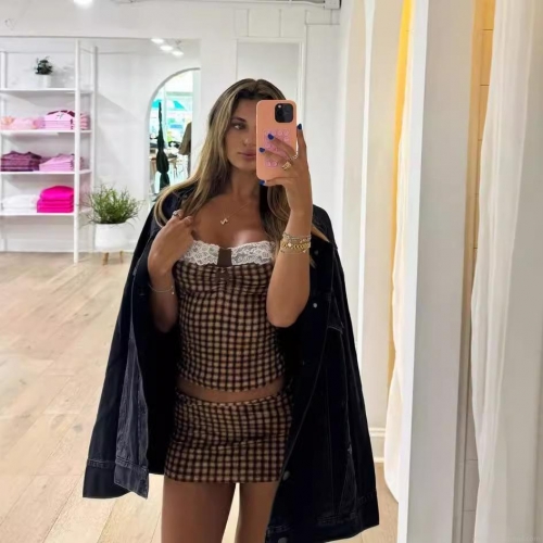 Women Sexy Vintage Plaid Two Piece Skirt Set Lace Trim Spaghetti Strap Camisole Crop Top And Bodycon Mini Skirt Suit For Party Club Night Out Y2K Hot Girl Style
