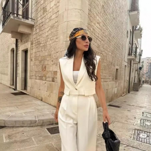 Women's Elegant Sleeveless Vest and Wide Leg Pants Two Piece Set Solid Color Striped Commuter Office Suits Polyester Linen Blend Outfits