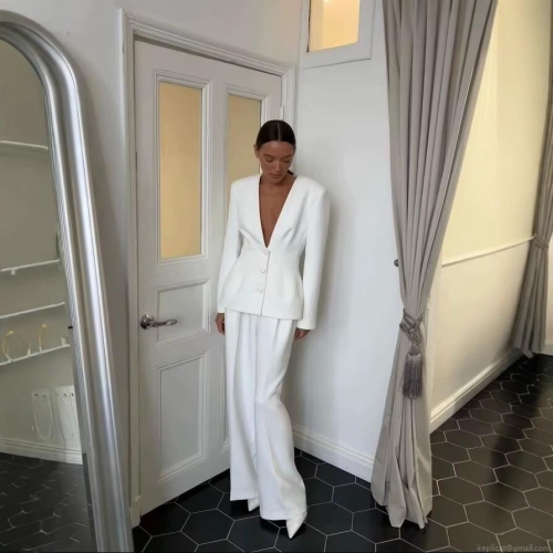 Women's Elegant 2 Piece Suit Set Deep V Neck Waist Blazer And High Waist Wide Leg Pants Polyester Commuter Office Outfits For Women White