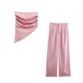 Women's Sexy Pink Satin Two-Piece Set Pleated Tube Top And Wide Leg Pants Elegant Socialite Style Sleeveless Co-ords For Party Clubwear