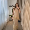 Women's Wasteland Style Knitted Two Piece Set Sleeveless Fringe Tank Top And Long Tassel Skirt Retro Ethnic Boho Beige Polyester Knit Outfits