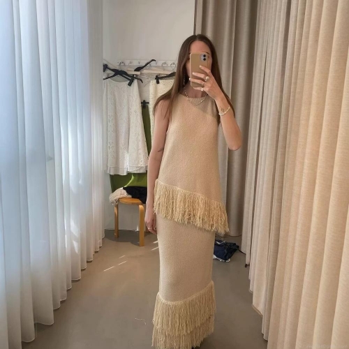 Women's Wasteland Style Knitted Two Piece Set Sleeveless Fringe Tank Top And Long Tassel Skirt Retro Ethnic Boho Beige Polyester Knit Outfits