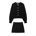 Women's Elegant Knitwear 2 Piece Set Round Neck Cardigan And Mini Skirt With Decorative Silver Buttons Solid Color Textured Knitted Long Sleeve Outfits For Office Commute Women