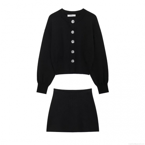 Women's Elegant Knitwear 2 Piece Set Round Neck Cardigan And Mini Skirt With Decorative Silver Buttons Solid Color Textured Knitted Long Sleeve Outfits For Office Commute Women