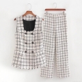 Elegant Women's Two-Piece Set Tweed Plaid Sleeveless Vest And Straight Leg Pants Suit Little Fragrance Style Sleeveless Top Long Trousers Outfit For Office Party