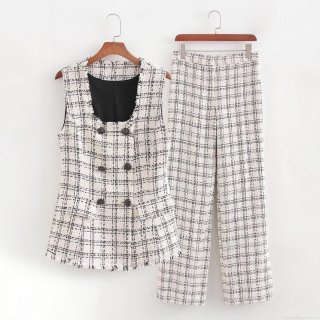 Elegant Women's Two-Piece Set Tweed Plaid Sleeveless Vest And Straight Leg Pants Suit Little Fragrance Style Sleeveless Top Long Trousers Outfit For Office Party