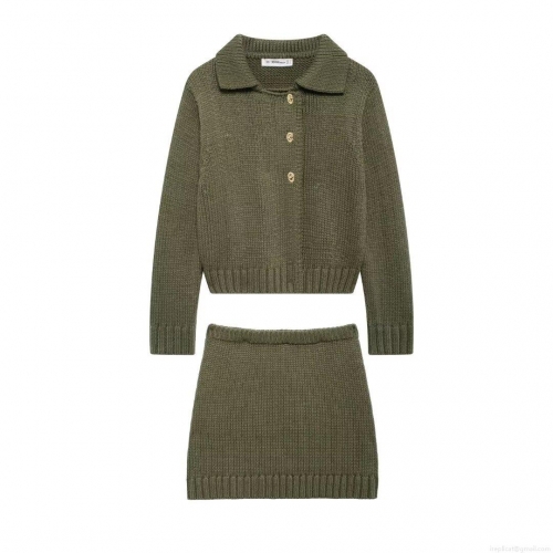 Women's Knit Two Piece Skirt Set Long Sleeve Button Down Lapel Cardigan And High Waist Mini Skirt Forest Style Autumn Winter Casual Green Outfit