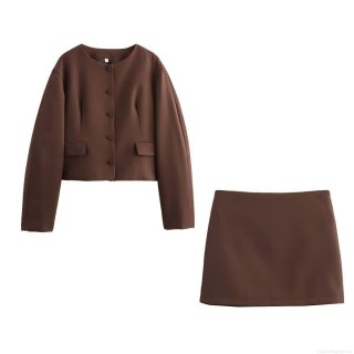 Women's Retro Brown Two-Piece Skirt Set Solid Color Single Breasted Round Neck Short Jacket And Mini A-Line Skirt Long Sleeve Casual Woven Suit