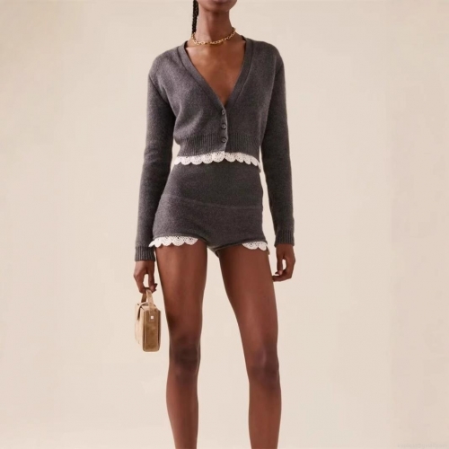 Women's Knitted Two Piece Shorts Set V-Neck Button Up Cardigan Top High Waist Shorts With White Lace Trim Solid Color Slim Fit Casual Sweatsuit