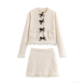 Women's Two Piece Knit Skirt Set Elegant Ivory White Cardigan Jacket With Black Mesh Bows And Fringe Trim Long Sleeve Top And Mini Skirt Sweet Lady Style Outfits