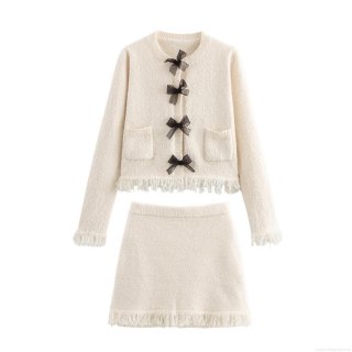 Women's Two Piece Knit Skirt Set Elegant Ivory White Cardigan Jacket With Black Mesh Bows And Fringe Trim Long Sleeve Top And Mini Skirt Sweet Lady Style Outfits